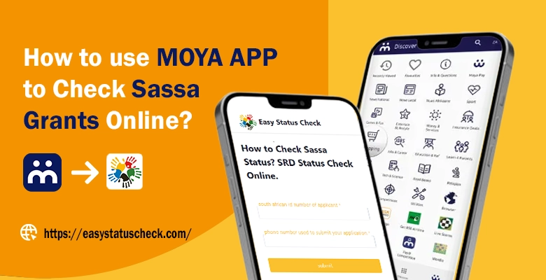 A cell phone with instructions for checking SASSA status on Moya app.